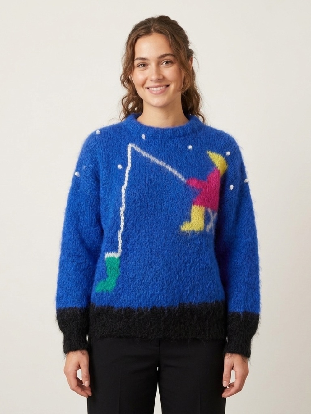 Vintage Handknit Blue Fishing Mohair Wool Sweater - Large 🇬🇧